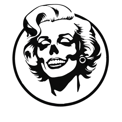 Black-and-white circular decal featuring a stylized Marilyn Monroe portrait with skull-inspired facial details and vintage tattoo-style shading.