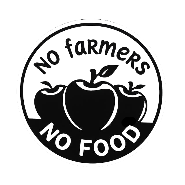 Round black and white decal featuring three apples and the message “No Farmers No Food.”