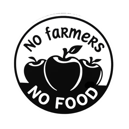 Round black and white decal featuring three apples and the message “No Farmers No Food.”