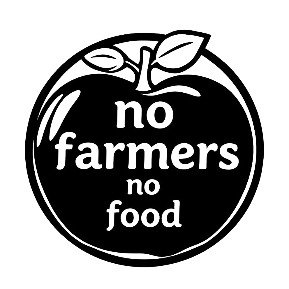 Black and white apple-shaped decal with a leaf and the message “No Farmers No Food.”