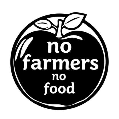 Black and white apple-shaped decal with a leaf and the message “No Farmers No Food.”