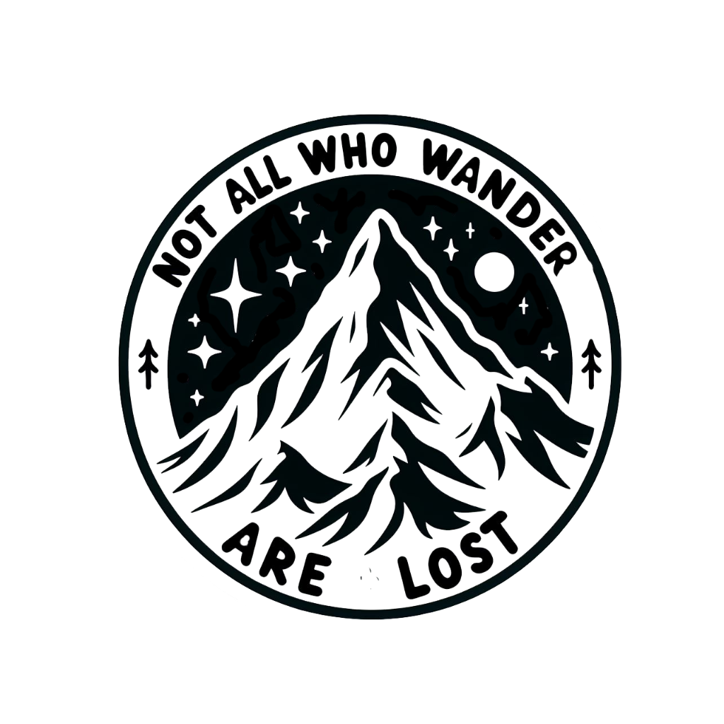 Round black and white mountain decal with stars, moon, pine trees, and the words “Not All Who Wander Are Lost.”