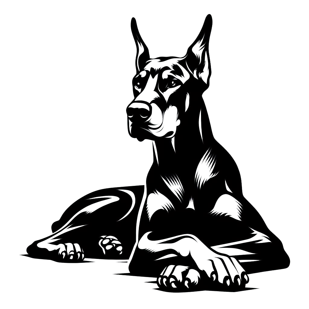 Black and white illustration of a seated Doberman Pinscher dog decal with pointed ears and detailed paws