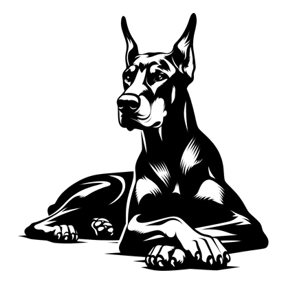 Black and white illustration of a seated Doberman Pinscher dog decal with pointed ears and detailed paws