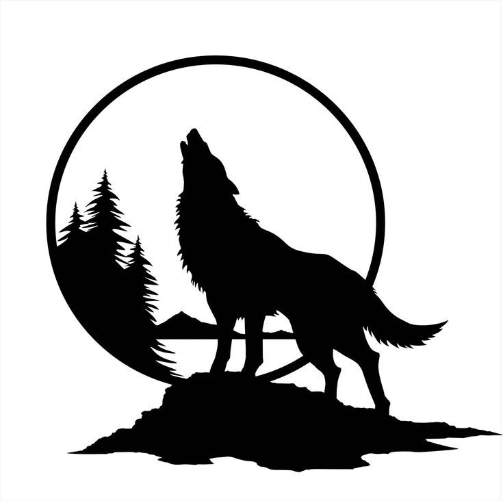 Black silhouette of a howling wolf standing on a rocky ridge with pine trees inside a circular forest scene.