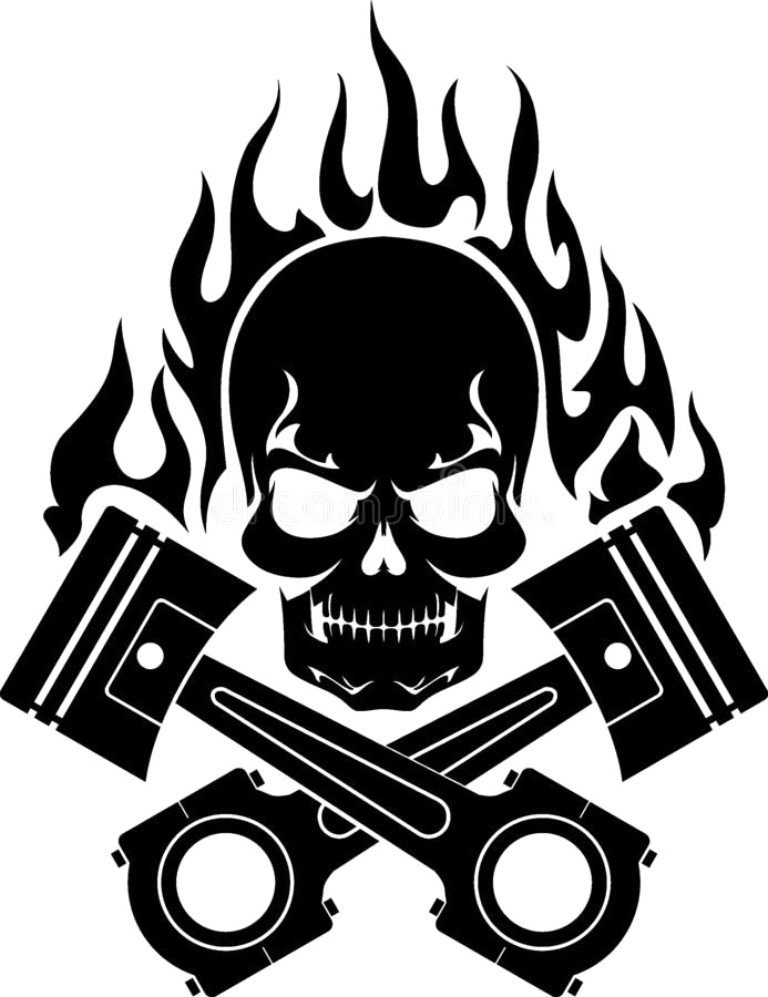Black and white decal showing a menacing flaming skull above two crossed engine pistons.