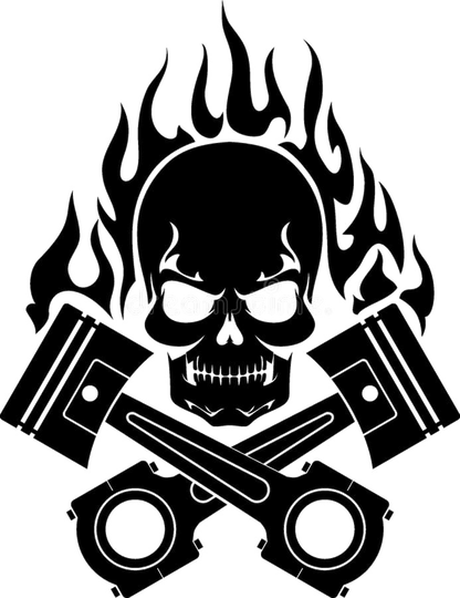 Black and white decal showing a menacing flaming skull above two crossed engine pistons.