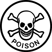 Black and white circular poison warning decal featuring a skull and crossbones with the word POISON underneath.