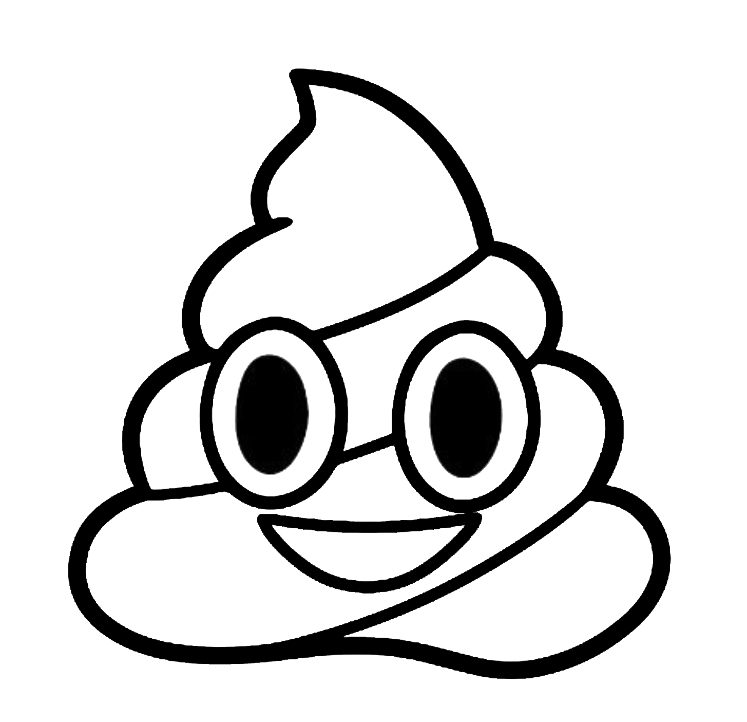 Black poop emoji character wearing round glasses and smiling on a white background.