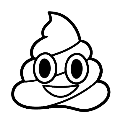 Black poop emoji character wearing round glasses and smiling on a white background.