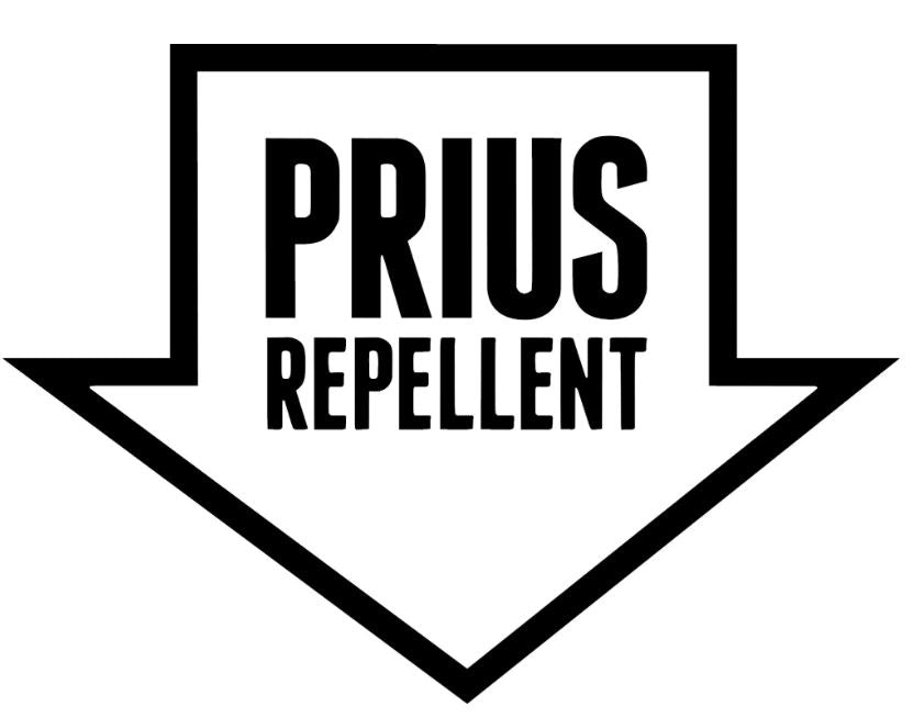 Black downward arrow decal with the words “PRIUS REPELLENT” in bold lettering.