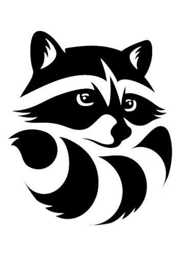 Stylized black-and-white raccoon illustration with a curled striped tail and bold graphic shapes.