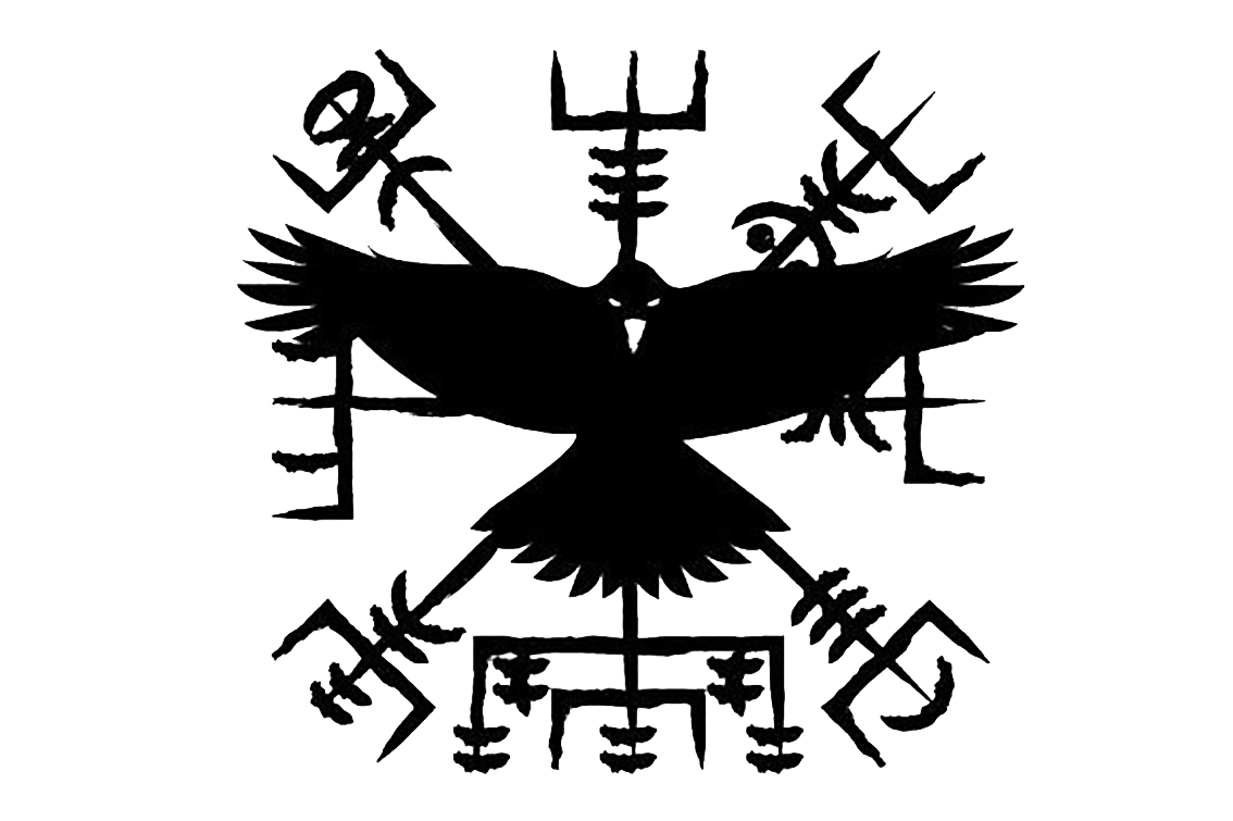Black raven silhouette surrounded by Vegvisir and Norse runic symbols on a white background.