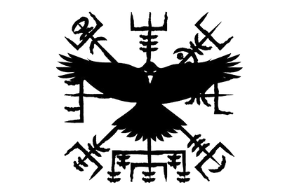 Black raven silhouette surrounded by Vegvisir and Norse runic symbols on a white background.