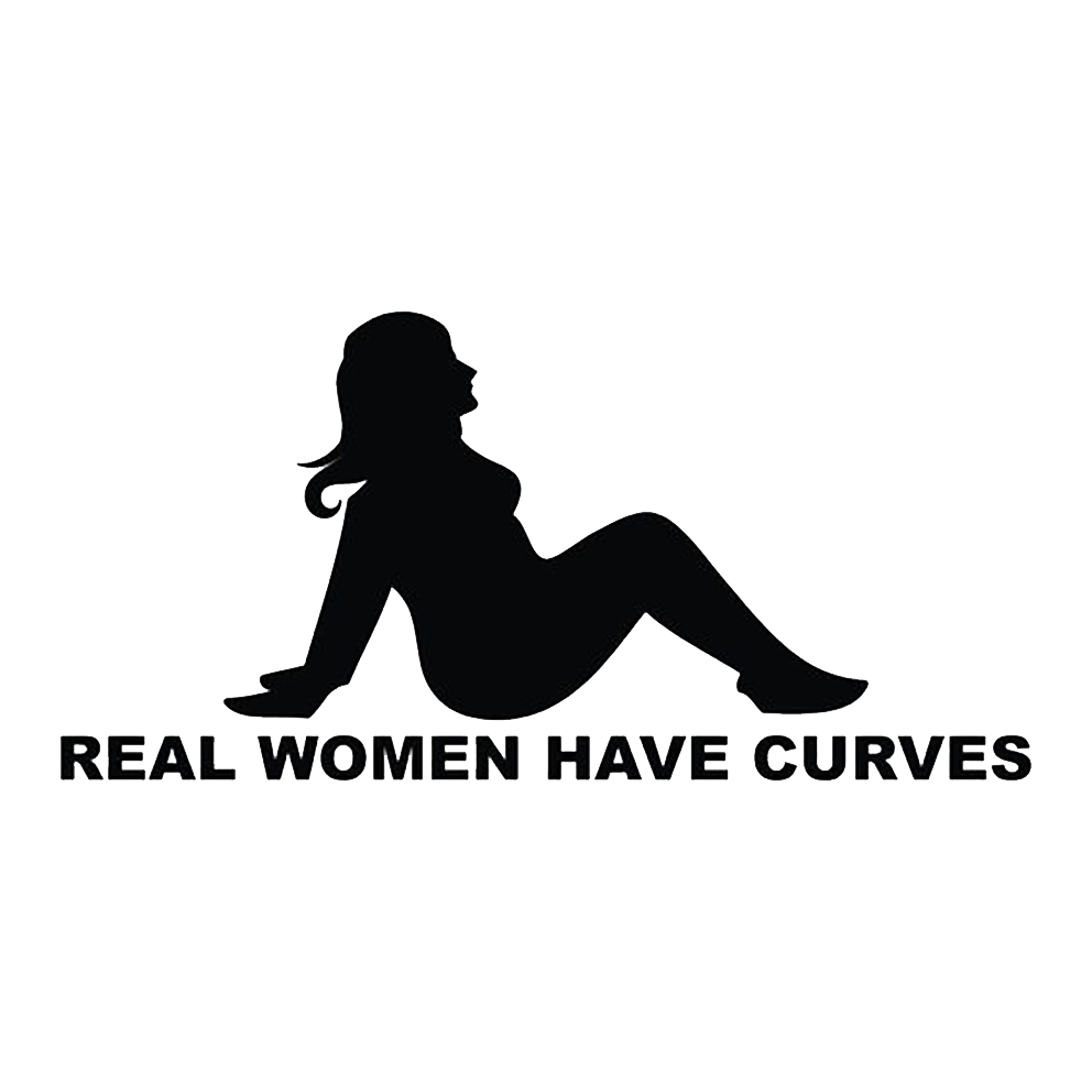 Black silhouette of a reclining woman above the bold message “Real Women Have Curves.”