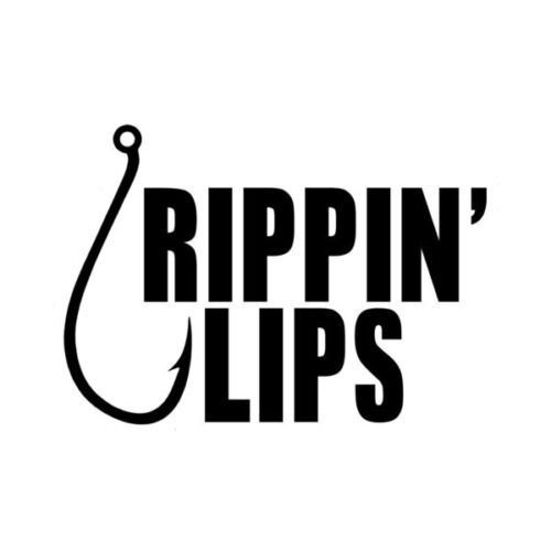 Black fishing hook graphic beside bold text reading “RIPPIN’ LIPS” on a white background.
