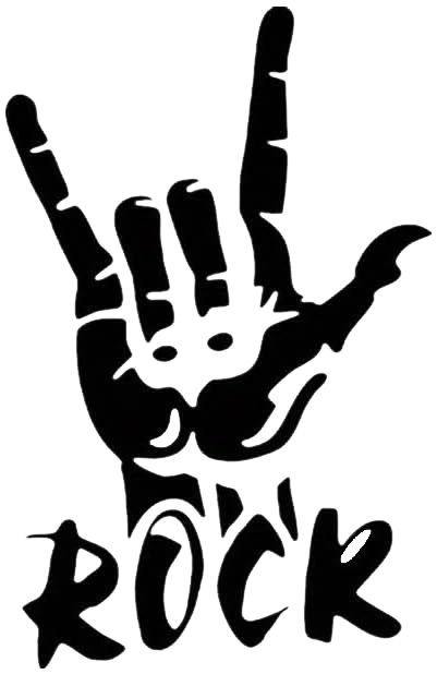 Black rock horns hand gesture graphic above the word ROCK
