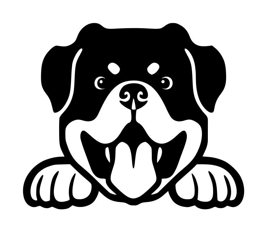 Black and white cartoon-style Rottweiler dog decal with floppy ears, large paws, and a playful expression.