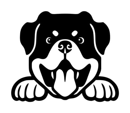Black and white cartoon-style Rottweiler dog decal with floppy ears, large paws, and a playful expression.