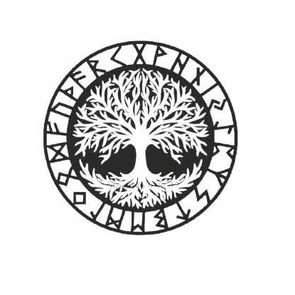 Black and white Viking decal featuring a stylized tree with spreading branches and roots inside a circular ring of runes.