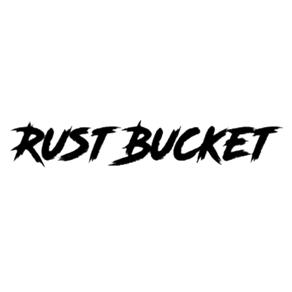 Black brush-style lettering reading “RUST BUCKET” on a white background.