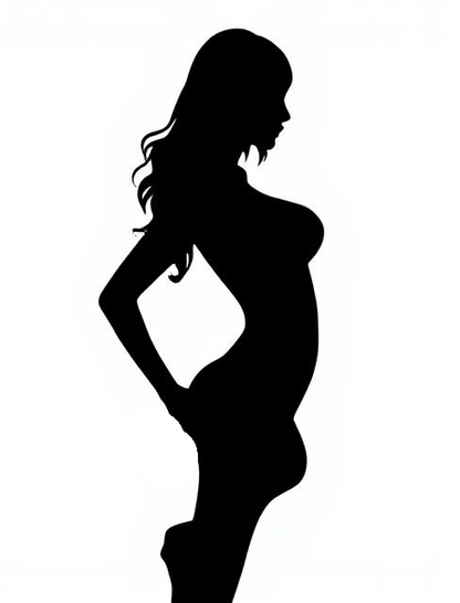 Black silhouette decal of a woman with long hair standing in profile with one hand on her hip.