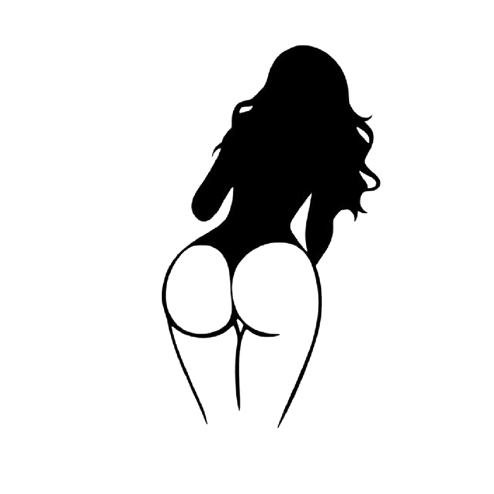 Black silhouette decal of a woman viewed from behind, with long flowing hair and an emphasized curvy figure.