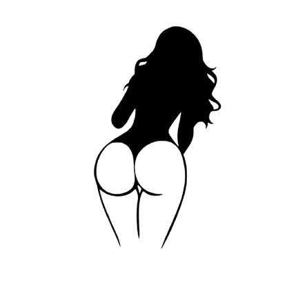 Black silhouette decal of a woman viewed from behind, with long flowing hair and an emphasized curvy figure.