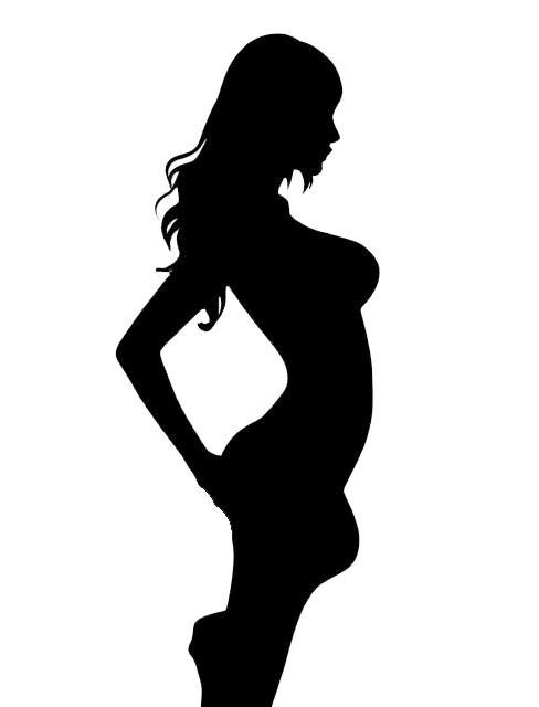 Black silhouette decal of a woman in side profile with long flowing hair and one hand on her hip.