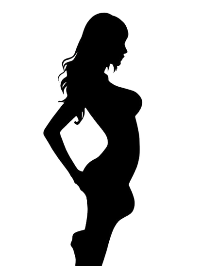 Black silhouette decal of a woman in side profile with long flowing hair and one hand on her hip.