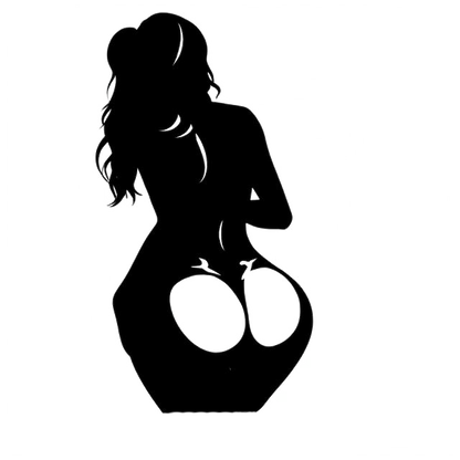 Black silhouette decal of a woman with long hair and a curvy pose