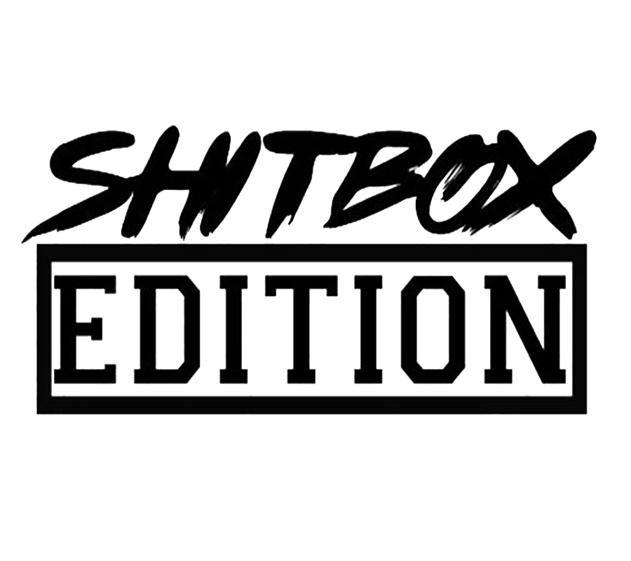 Black and white decal reading “SHITBOX” in bold brush lettering above “EDITION” inside a rectangular border.