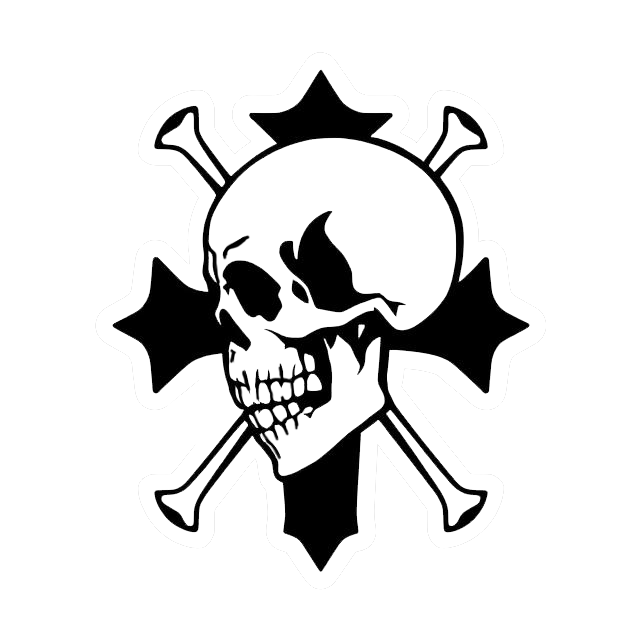 Black and white skull and crossbones decal with crossed bones and stylized star-like shapes