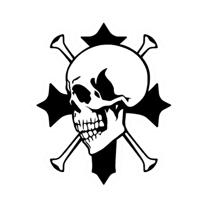 Black and white skull and crossbones decal with crossed bones and stylized star-like shapes