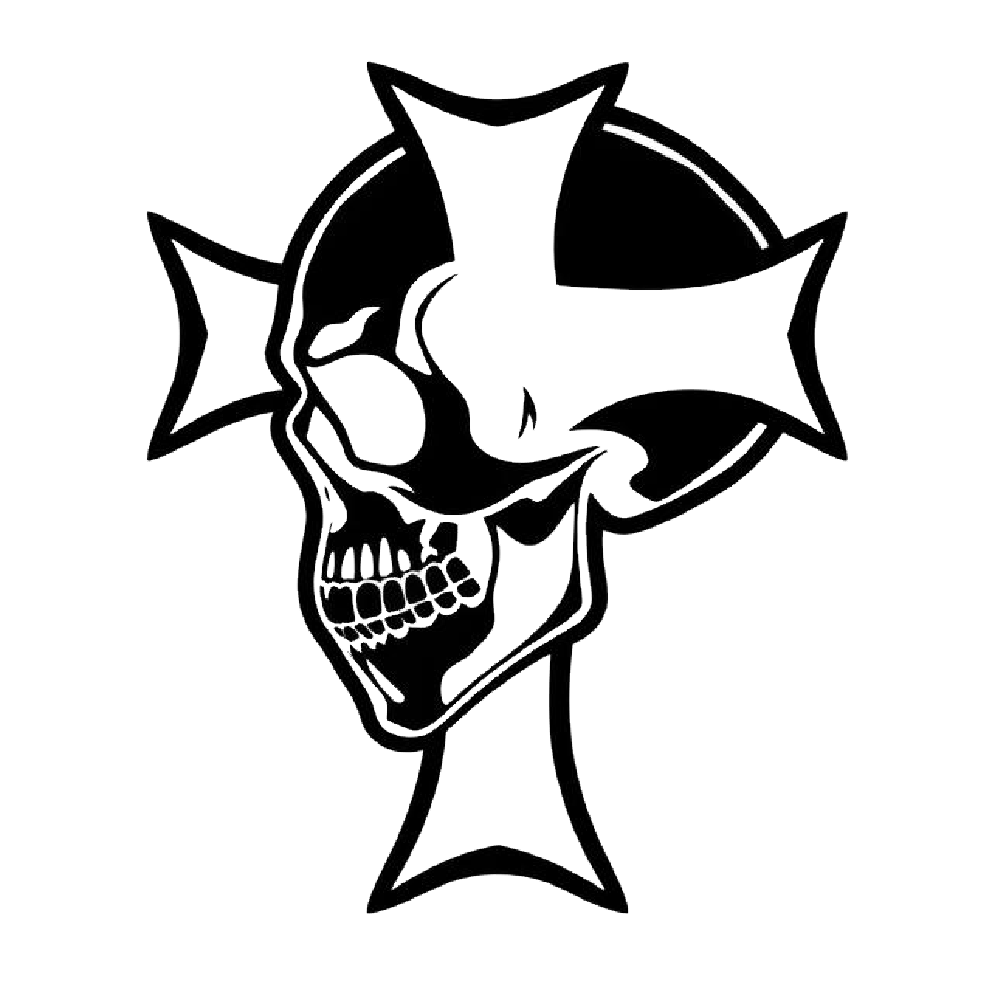 Black and white decal featuring a grinning skull combined with an iron cross design.
