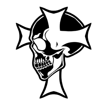 Black and white decal featuring a grinning skull combined with an iron cross design.