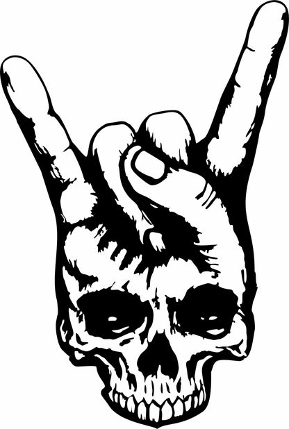 Black and white vinyl decal featuring a grinning skull making the rock and roll hand horn gesture.