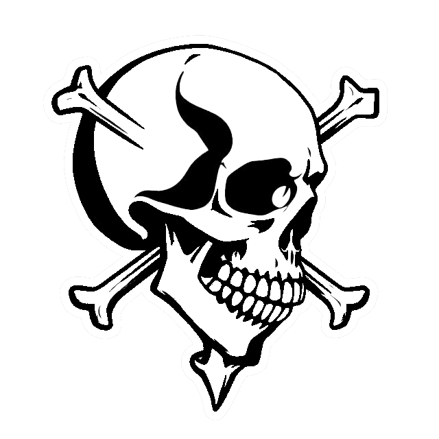 Black skull and crossbones silhouette decal on a transparent background