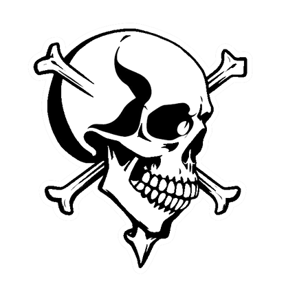 Black skull and crossbones silhouette decal on a transparent background