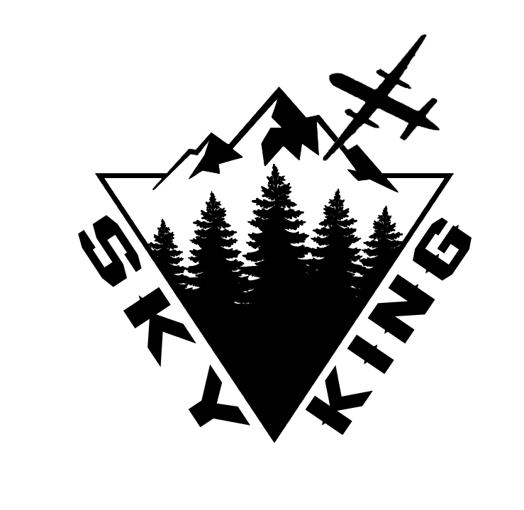 Black decal showing layered mountain peaks, evergreen trees, and an airplane flying overhead.