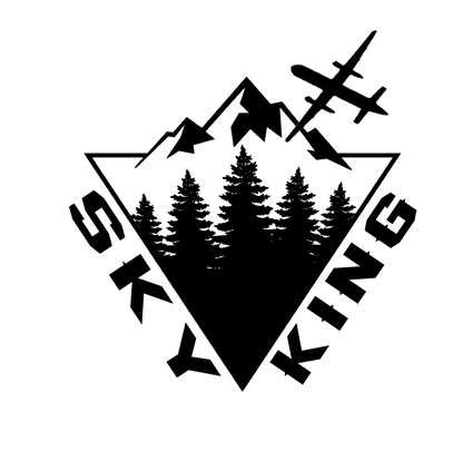 Black decal showing layered mountain peaks, evergreen trees, and an airplane flying overhead.