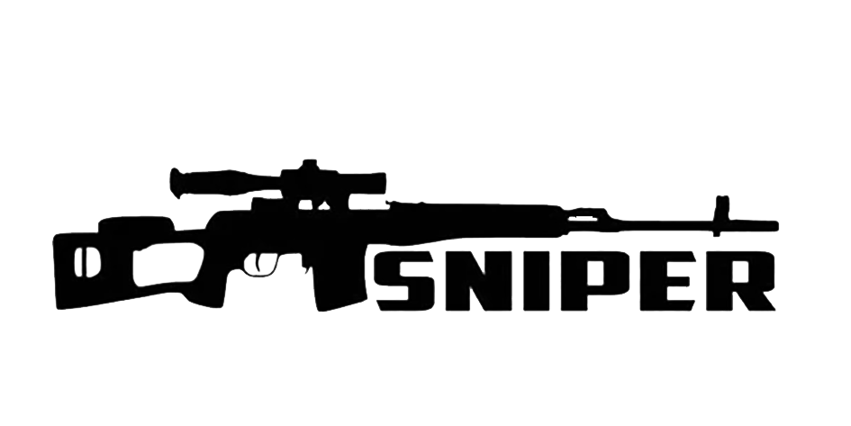 Black silhouette of a scoped sniper rifle with the word SNIPER in bold lettering