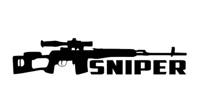 Black silhouette of a scoped sniper rifle with the word SNIPER in bold lettering
