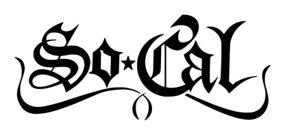 Black So Cal lettering in an ornate gothic script with sweeping flourishes and a small star accent.