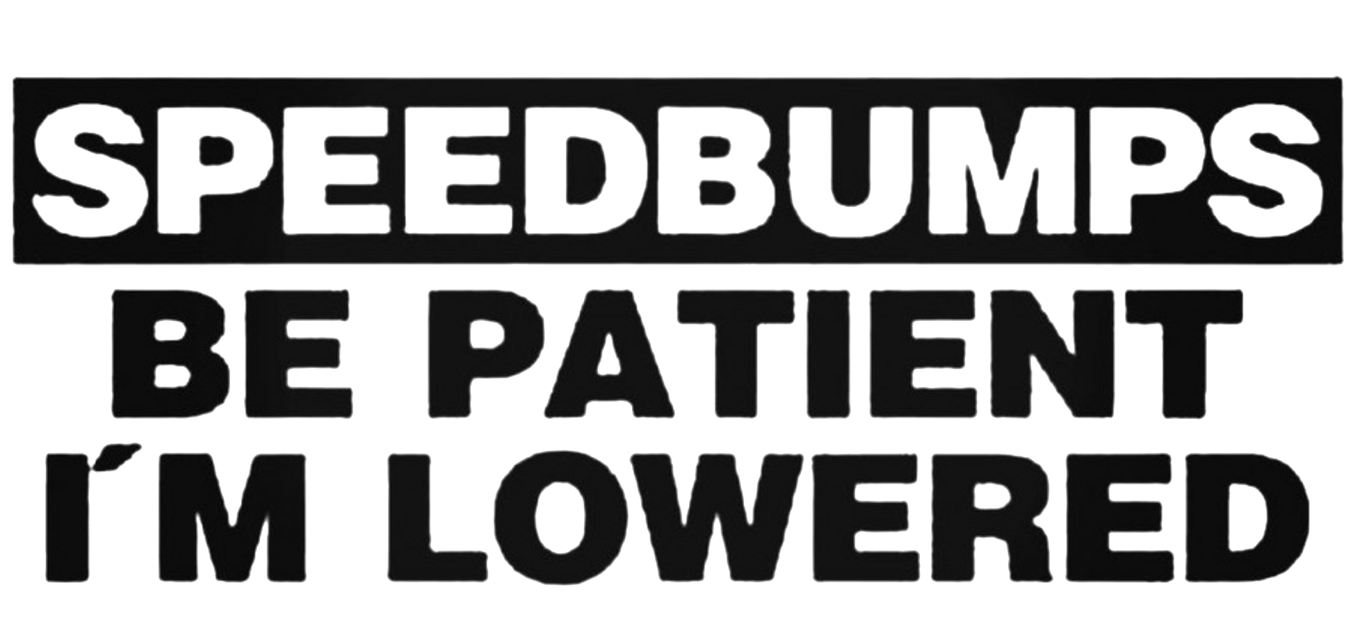 Black and white decal reading “Speedbumps Be Patient, I’m Lowered” in bold lettering.