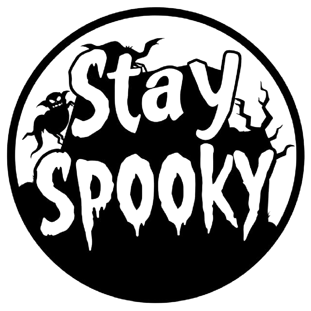 Black and white circular Halloween decal featuring the words “Stay Spooky” in spooky lettering, with a bat and haunted-style graphics.