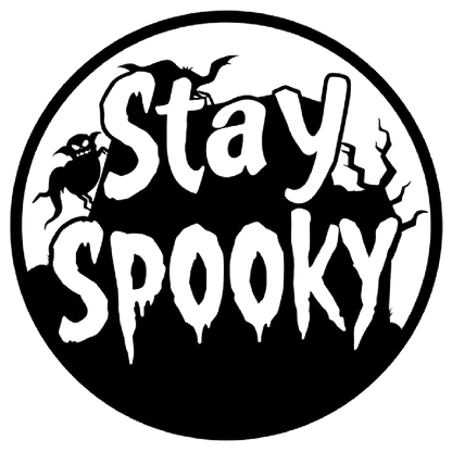 Black and white circular Halloween decal featuring the words “Stay Spooky” in spooky lettering, with a bat and haunted-style graphics.