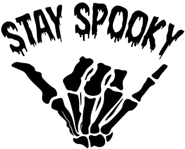 Black Halloween decal featuring the words “Stay Spooky” in dripping lettering above a skeletal hand illustration.