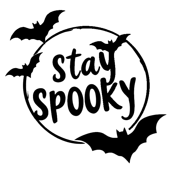 Black Halloween decal featuring the words “Stay Spooky” with flying bat silhouettes.
