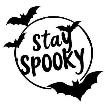 Black Halloween decal featuring the words “Stay Spooky” with flying bat silhouettes.